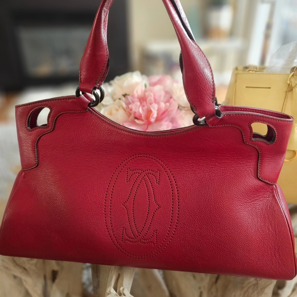 CARTIE Striking Red Leather Shoulder Bag with Curved Handles